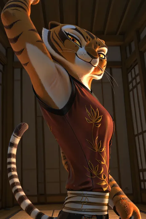 anime coloring, masterpiece, best quality, amazing quality, 1girl, solo, yellow sclera, orange eyes, m4stertigr3ss, tail, red qipao, arm up, raised arm, armpit, armpit focus, head towards viewer, looking at viewer, direct eye contact, smile, closed mouth, ...
