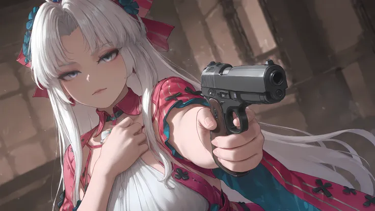 soft cold colors, dynamic angle, is aiming a handgun at the spectator, eyes wide open, killer expression,  frowning, pose is dynamic. She is holding a handgun confidently.  The setting appears to be an indoor,  with blurred background of gray and white. Th...
