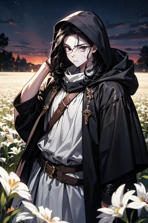 eyes, Young, , white skin , pale, veins visible through the skin , black eyes, white sclera, long curly black hair , heavy clothes medievais de couro, open field, night, heavy clothes, medieval leather clothing, Tunica, hood