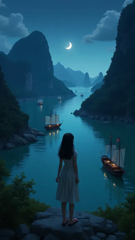 high resolution images、Night at Ben Beo Port in Vietnam、A girl is watching the ocean on Cat Ba Island、 Steep Mountain々、Several ships、Crescent Moon and Green Sea、Scenery seen from the island