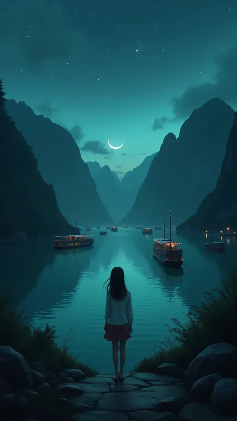 high resolution images、Night at Ben Beo Port in Vietnam、A girl is watching the ocean on Cat Ba Island、 Steep Mountain々、Several ships、Crescent Moon and Green Sea、Scenery seen from the island