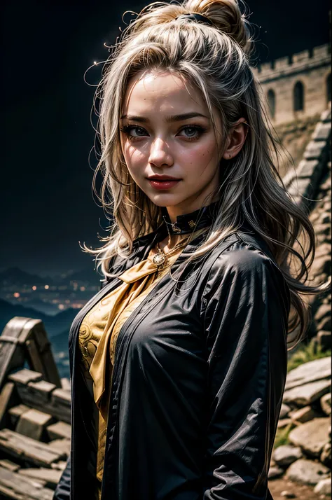 1girl, masterpiece, best quality, highres, mirajane, fairy tail, aamira, smile, long hair, bangs pinned back, topknot, forehead, choker, white suit trousers, gold waistcoat, ((waistcoat is unbuttoned and worn over black shirt)), gold necktie, necklace over...
