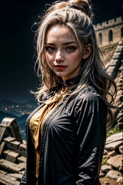 1girl, masterpiece, best quality, highres, mirajane, fairy tail, aamira, smile, long hair, bangs pinned back, topknot, forehead, choker, white suit trousers, gold waistcoat, ((waistcoat is unbuttoned and worn over black shirt)), gold necktie, necklace over...