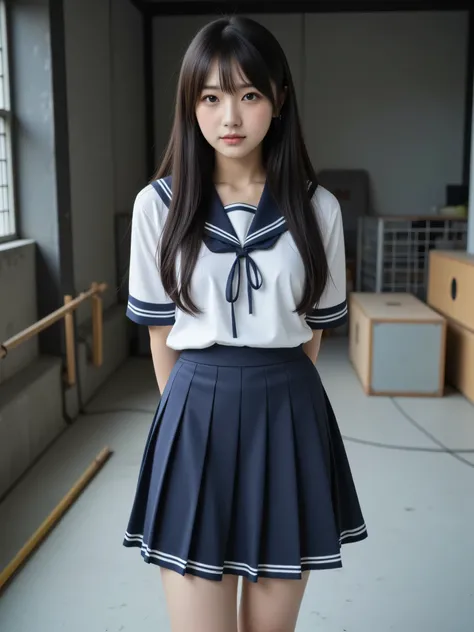 japanese cute idol, Japanese cute girl, kawaii, a beautiful young girl dressed up as a sailor, 1girl, solo, school uniform, serafuku, skirt, (The normal face of Japan),(The plain face of Japan ),(Curvy Body),(High school uniform、Wearing school uniform) ...