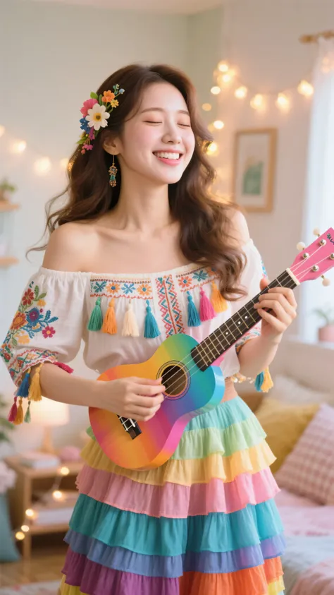 8k, Masterpiece, Top Quality, beautiful Korean woman, clear skin, loose wavy hair, flower accessories, wearing bohemian-cute off-shoulder top, embroidery, tassels, flashy colorful tiered skirt, POV shot, playing brightly colored ukulele, singing sweet cute...