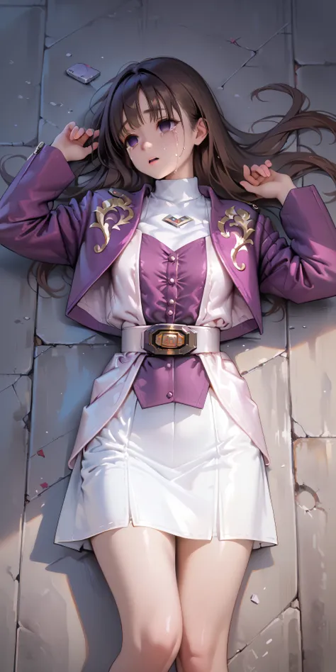 (High definition CG), (top quality), In a different dimension,1 girl, perfect face, wide hips, thin waist, ,purple bolero jacket,((White Skirt)),long sleeve, Pink Belt, straight and long hair , brown hair, ((( empty eyes ))),crying,opening their mouths...