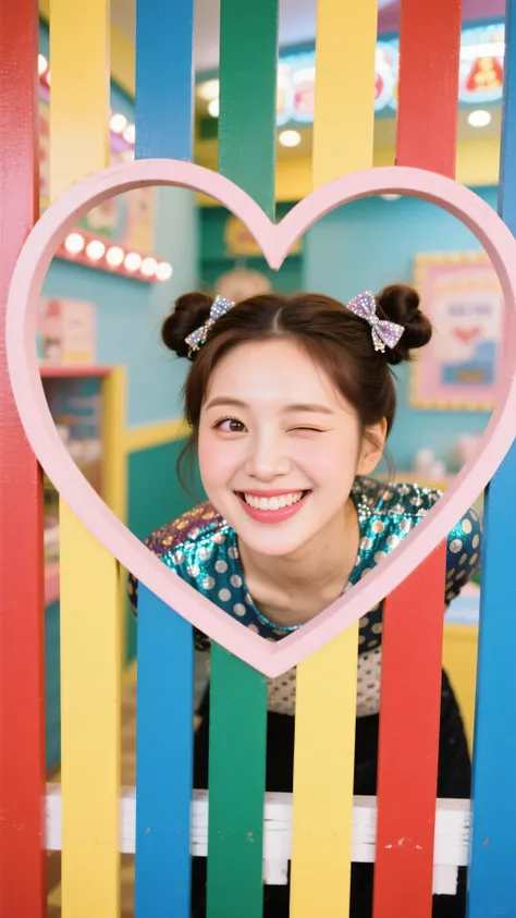 8k, Masterpiece, Top Quality, beautiful Korean woman, clear skin, cute twin bun updo hair, glitter clips, wearing flashy top, playful metallic polka dot pattern visible through heart-shaped hole in colorful fence, POV shot, viewer looking through hole, her face on other side winking playfully, one eye visible clearly, bright smile, funfair or themed cafe setting, close-up shot.
