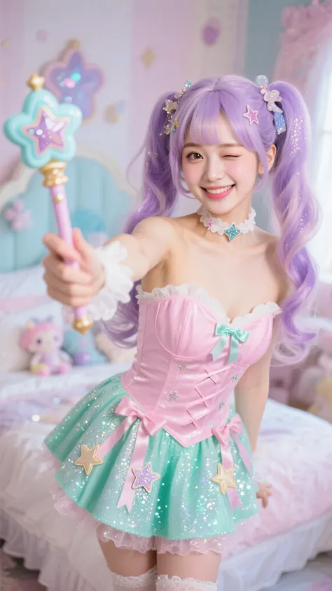 8k, Masterpiece, Top Quality, beautiful Korean woman, clear skin, wearing sexy cute flashy magical girl cosplay, bright pastel pink fitted bodice, short frilly mint green skirt, lots of glitter, ribbons, stars, twin tail pastel lavender wig, sparkly hair accessories, POV shot, she is winking cheerfully, holding a cute uniquely designed toy magic wand towards viewer, bright fantasy bedroom setting, magical girl merchandise blurred, medium close-up shot.