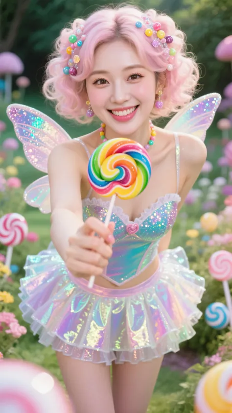 8k, Masterpiece, Top Quality, beautiful Korean woman, clear skin, wearing candy-like element bodice sexy cosplay, shiny colorful, cute, short tutu-like skirt of iridescent cellophane ruffles, tiny glittering fairy wings, pastel curly hair adorned with cand...