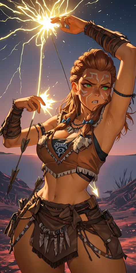 masterpiece,(((horizon forbidden west))), 1girl, sexy, Aloy, horizon zero dawn, green eyes,cleavage, focus face,neon lights, hold up a bow,hard prehistoric t,cyberpunk,((((tribal outfit)))),Melee,Madness,danger,(((focus face))),Flaming,Get shot,The person...