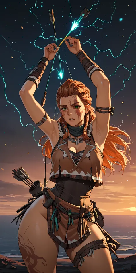masterpiece,(((horizon forbidden west))), 1girl, sexy, Aloy, horizon zero dawn, green eyes,cleavage, focus face,neon lights, hold up a bow,hard prehistoric t,cyberpunk,((((tribal outfit)))),Melee,Madness,danger,(((focus face))),Flaming,Get shot,The person...