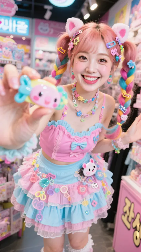 Masterpiece, Top Quality, beautiful Korean woman, clear skin, wearing layered bright pink and pastel blue decora kei tops, frilly skirt, tons of plastic accessories, colorful pigtail hair with many cute clips, POV shot, she is excitedly offering viewer a v...