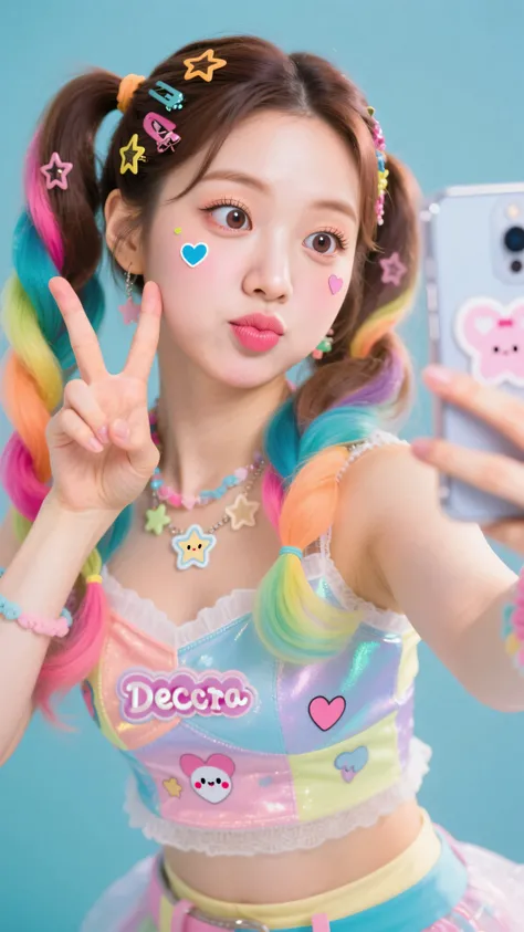 Masterpiece, Top Quality, beautiful Korean woman, clear skin, wearing flashy layered Decora outfit, cute prints, face adorned with cute star and heart stickers, brightly colored pigtails overflowing with clips, POV shot (as if looking at phone screen toget...