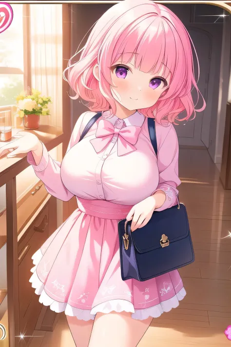 (masterpiece, best quality), highly detailed background, perfect lightingbest quality, nittamoeka, solo, indoors, pink hair, hair bow, pink bow, curly hair, short hair, purple eyes, pink eyes, large breasts, white shirt, black short pants, smile, tall adul...