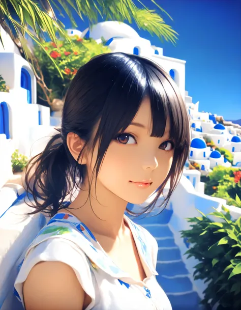 1girl, year 2016, upper body, early summer, Santorini, blue sky, casual clothes, masterpiece, high score, great score, absurdres, 16k, Ultra detailed, (photorealistic : 0.5)