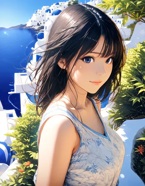 1girl, year 2016, upper body, early summer, Santorini, blue sky, casual clothes, masterpiece, high score, great score, absurdres, 16k, Ultra detailed, (photorealistic : 0.5)