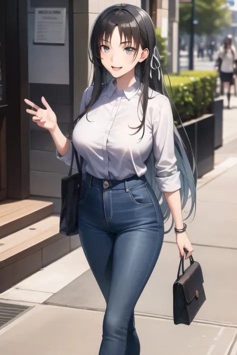 Can you draw a 20 year old woman with a nice smile，A face is absolutely necessary，  city tour          ,I'm walking through the streets of Harajuku，（（（wear casual clothes that are fashion sensitive））），     long haired woman，   ,   Big breasts, Thin Waist ，...