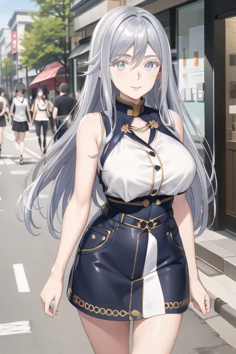 No hat， Silver Hair， Silver Hairロングヘアーの女性は描けますか，Big breastsと更にBig breastsを描いてください，can you draw a micro mini skirt，draw a lovely smiling 20-year-old woman wearing trendy casual clothes，face is absolutely necessary，   city tour           ,Walking around the ...