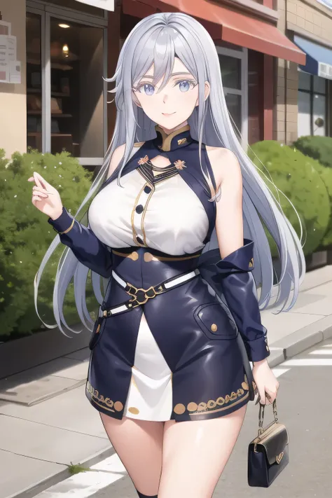 No hat， Silver Hair， Silver Hairロングヘアーの女性は描けますか，Big breastsと更にBig breastsを描いてください，can you draw a micro mini skirt，draw a lovely smiling 20-year-old woman wearing trendy casual clothes，face is absolutely necessary，   city tour           ,Walking around the ...