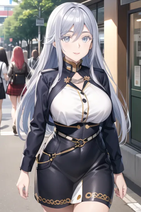A woman with a lovely smile，， Silver Hair， Silver Hairロングヘアーの女性は描けますか，Big breastsと更にBig breastsを描いてください，can you draw a micro mini skirt，draw a lovely smiling 20-year-old woman Wear trendy everyday clothes，The face is absolutely necessary，    city tour     ...