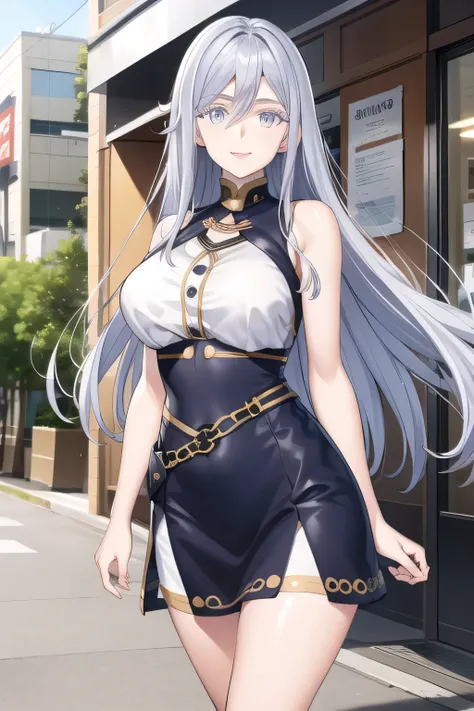 A woman with a lovely smile，， Silver Hair， Silver Hairロングヘアーの女性は描けますか，Big breastsと更にBig breastsを描いてください，can you draw a micro mini skirt，draw a lovely smiling 20-year-old woman Wear trendy everyday clothes，The face is absolutely necessary，    city tour     ...