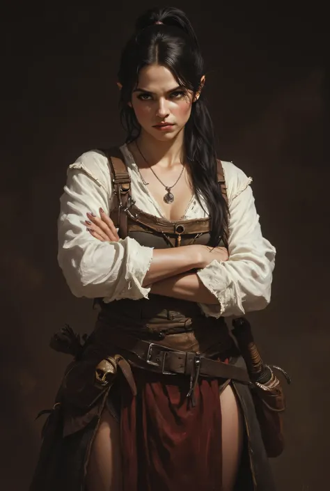 (1female, a young female, housewife, sexy lean body, medieval male pheasant, black ponytail hairstyle, serious expression, wear humble skimpy medieval housewive cloths, white shirt, arm crossed in front the chest, standing, dynamic pose), perfect proportio...