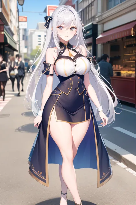  beautiful smiling woman ，， Silver Hair， Silver Hairロングヘアーの女性は描けますか，Big breastsと更にBig breastsを描いてください，micro miniskirt wearing trendy casual clothes，draw a lovely smiling 20-year-old woman Wear trendy everyday clothes，A face is absolutely necessary，     cit...