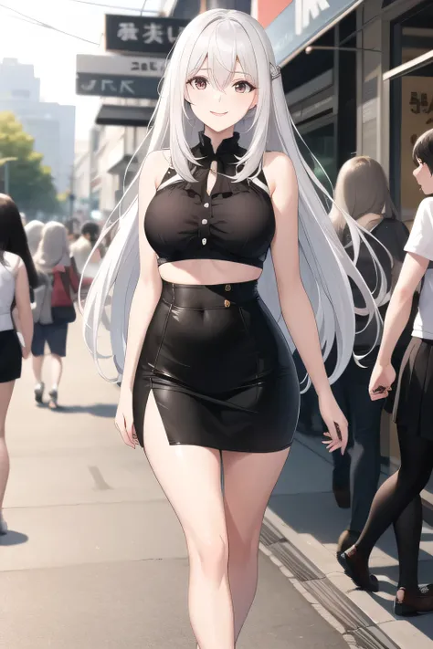  beautiful smiling woman ，， Silver Hair， Silver Hairロングヘアーの女性は描けますか，Big breastsと更にBig breastsを描いてください，micro miniskirt wearing trendy casual clothes，draw a lovely smiling 20-year-old woman Wear trendy everyday clothes，A face is absolutely necessary，     cit...