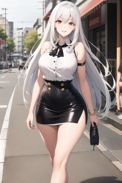  beautiful smiling woman ，， Silver Hair， Silver Hairロングヘアーの女性は描けますか，Big breastsと更にBig breastsを描いてください，micro miniskirt wearing trendy casual clothes，draw a lovely smiling 20-year-old woman Wear trendy everyday clothes，A face is absolutely necessary，     cit...