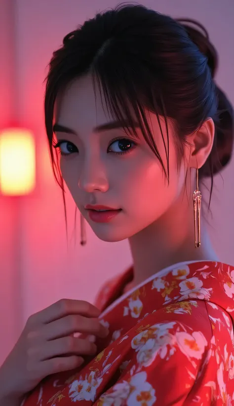 Utamaro's Ukiyo-e 、Beautiful Ukiyo-e composition、HD、4K、8k、16k、Woman uper high resolution、detailed description、A kimono with a bright white floral pattern that looks like art、（川沿いのライトupされた鮮やかな桜を見ている）、A work like the culmination of Ukiyo-e、 color difference、...