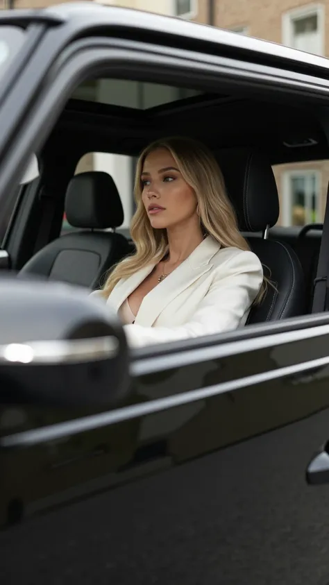 a wide shot from afar of stunning 20-year-old blonde woman with fair skin, long blonde wavy volume hair sitting in the driver’s seat of her luxurious black SUV Mercedes Brabus, window open, she wearing a white elegant outfit and a classy blazer, her hands ...