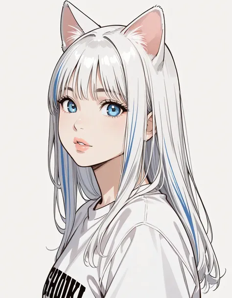 sideview,solo,girl,upperbody,white long hair,((animal cat ear)),white color streaked gray hair,t-shirts,natural cosmetic,adult cute face,full lips,(lineart),sketch,slam dunk style,mono,(looking at viewer:1.3),white background,manga style