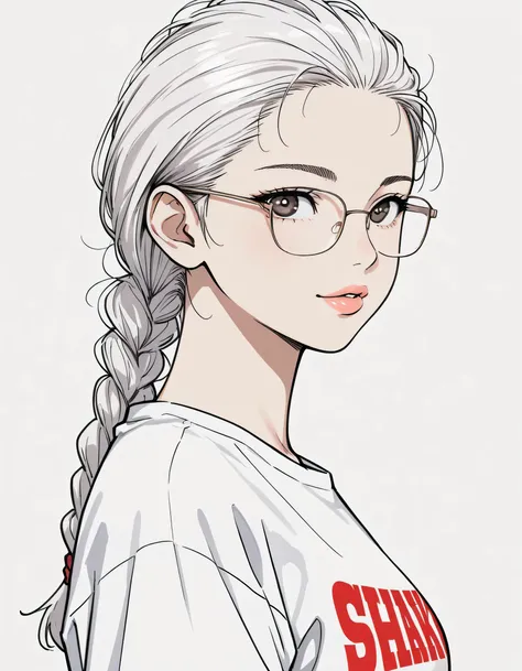 sideview,solo,girl,upperbody,white single braid hair,glasses,forehead,white color streaked gray hair,t-shirts,natural cosmetic,adult cute face,full lips,(lineart),sketch,slam dunk style,mono,(looking at viewer:1.3),white background,manga style