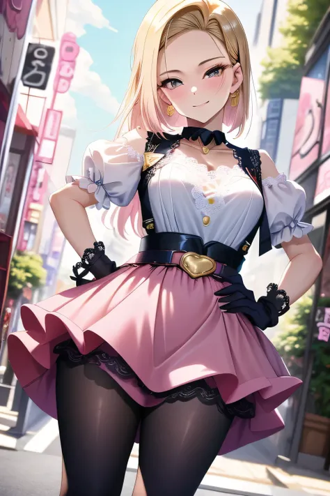 a woman, android 18 wearing a pink peach dress with abundant doll-like details, voluminous frilly skirt with pastel plaid and lace trim, puff sleeves adorned with delicate ribbons and bows, heart-shaped chest jewel, layered gold chain belt with charms, ele...