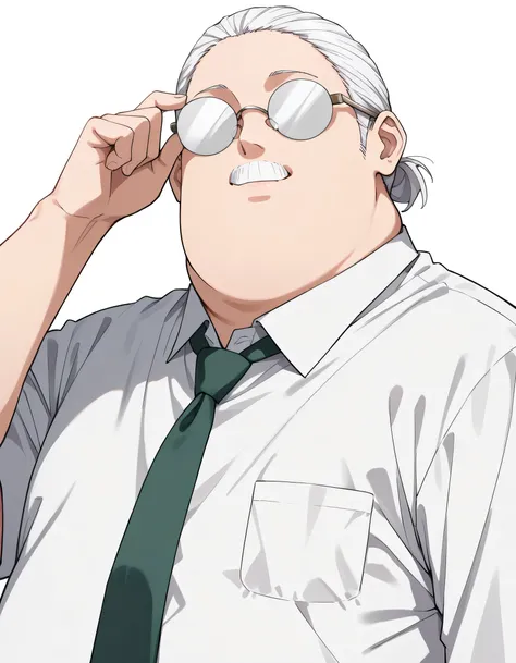 solo,man,sakamoto, sakamoto (sakamoto days), obese, white hair, short hair, glasses,adjusting eyewear, hidden eyes, no mouth, white mustache,tie,bussiness shirts,natural cosmetic,adult cute face,full lips,(lineart),sketch,slamdunk style,mono,(looking at vi...