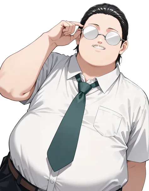 solo,man,sakamoto, sakamoto (sakamoto days), obese, black hair, short hair, glasses,adjusting eyewear, hidden eyes, no mouth, black mustache,tie,bussiness shirts,natural cosmetic,adult cute face,full lips,(lineart),sketch,slamdunk style,mono,(looking at vi...