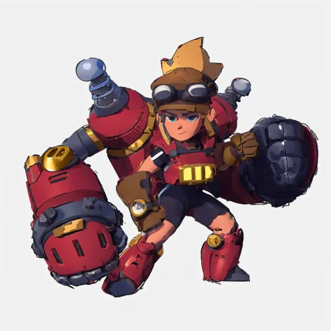 A young repairman，3D Texture，Goggles，red robotic arm，Supercell style ，