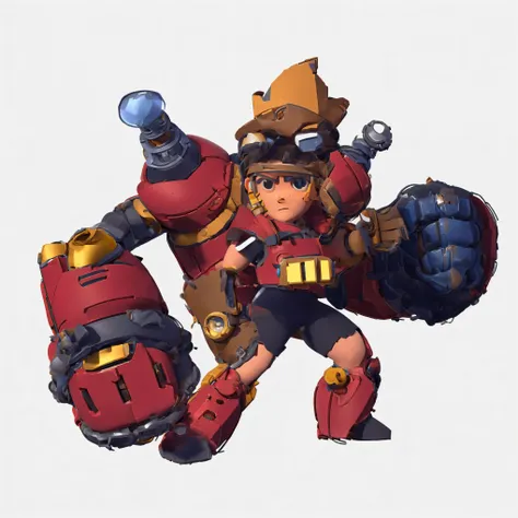 A young repairman，3D Texture，Goggles，red robotic arm，Supercell style ，