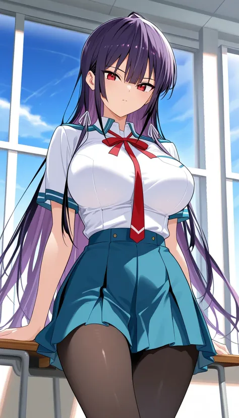 Score_9, Score_8_climb , Score_7_climb , Score_6_climb , Score_5_climb , Score_4_climb, masterpieces, Detailed Model, Exquisite Piece, precise, 1 girl, source anime, Takamine Takane, long hair, purple hair, Red Eyes, big breasts, wearing school uniform, Sh...