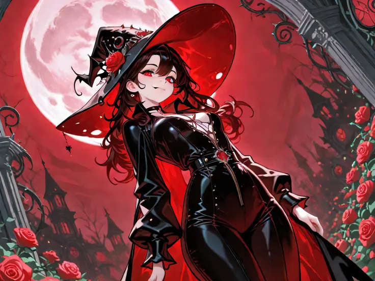 . A woman,
alone, Beautiful eyes with high detail, Vampire, red & Black jumpsuit, Crui :1.3,  complicated, smile closed mouth, 
full moon, rose garden
Masterpiece, newest, Witch Hat, incredibly Witch Hat, Best Quality, of amazing quality, Very beautiful, c...