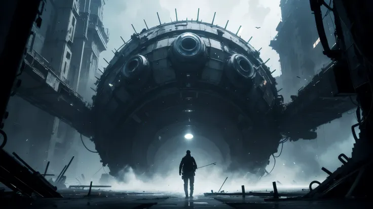 Underneath this giant biological machine is a minimalist-style mechanical platform {x} A huge entity that occupies the upper half of the picture has an anthropomorphic trunk and machine-like structure,15 meters high,the visual language that reinforces the ...