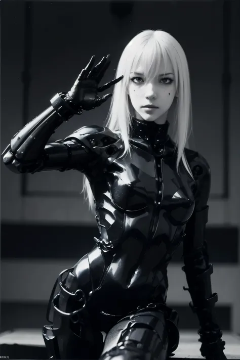 solo,blame, tsutomu nihei, by tsutomu nihei,movie, cibo, GBE,1girl ,ova, 特写镜头,聚焦她的眼睛,long hair, Platinum blonde hair,cybernetic female android, emotionless pale face, white long straight hair with blunt bangs, wearing black mechanical bodysuit with armored...
