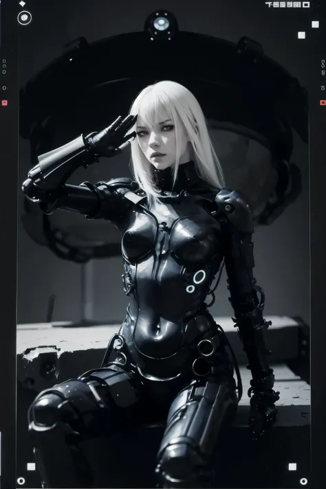 solo,blame, tsutomu nihei, by tsutomu nihei,movie, cibo, GBE,1girl ,ova, 特写镜头,聚焦她的眼睛,long hair, Platinum blonde hair,cybernetic female android, emotionless pale face, white long straight hair with blunt bangs, wearing black mechanical bodysuit with armored...