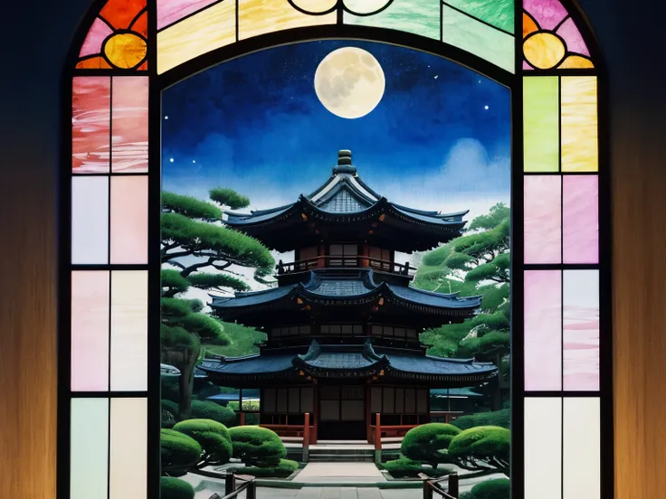 Moonlit Five-Storied Pagoda 、Full moon in the background, Close up of a stained glass window with a, Inspired by Kano Yoshika, Japanese watercolor painting, Digital Painting of a Pagoda, inspired by Tensho Jubun, An aerial view of a Japanese garden with , ...