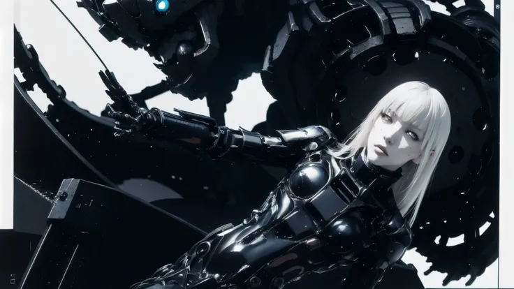 solo,blame, tsutomu nihei, by tsutomu nihei,movie, cibo, GBE,1girl ,ova, long hair, Platinum blonde hair,cybernetic female android, emotionless pale face, white long straight hair with blunt bangs, wearing black mechanical bodysuit with armored plating and...