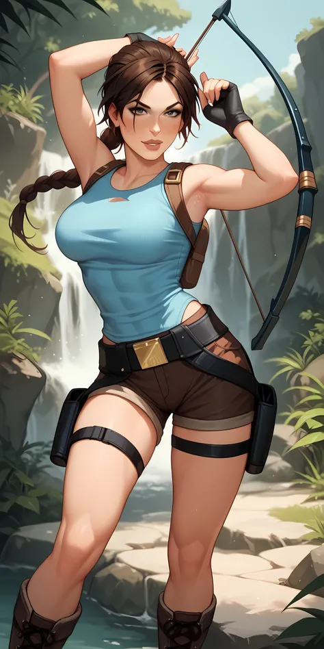 1 girl, Lara croft, tomb raider. She has a strong, athletic build and long flowing dark hair. She wears a fitted blue tank top, brown tactical shorts, a utility belt with pouches and twin holsters strapped to her thighs, and rugged brown combat boots. A qu...
