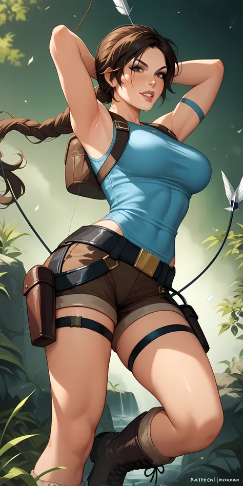 1 girl, Lara croft, tomb raider. She has a strong, athletic build and long flowing dark hair. She wears a fitted blue tank top, brown tactical shorts, a utility belt with pouches and twin holsters strapped to her thighs, and rugged brown combat boots. A qu...