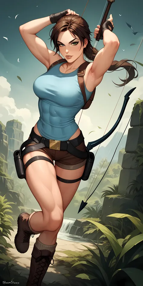 1 girl, Lara croft, tomb raider. She has a strong, athletic build and long flowing dark hair. She wears a fitted blue tank top, brown tactical shorts, a utility belt with pouches and twin holsters strapped to her thighs, and rugged brown combat boots. A qu...