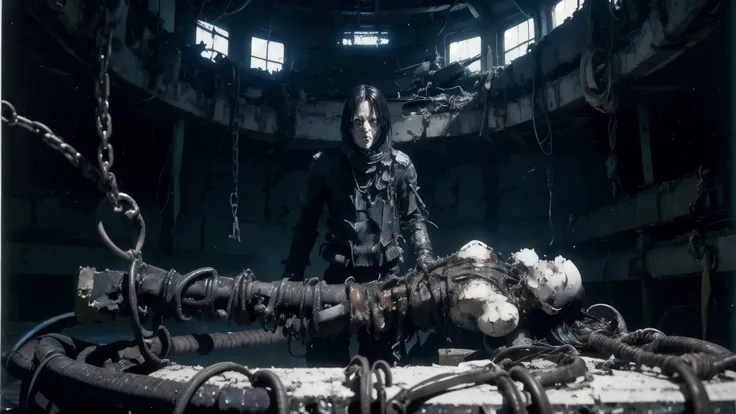 a disturbing biomechanical female figure with only her upper body remaining, suspended in a dim, surreal industrial space. Her limbs are crucified in a cross shape using metal rods and binding devices. Her distorted face reveals an internal metallic skull ...