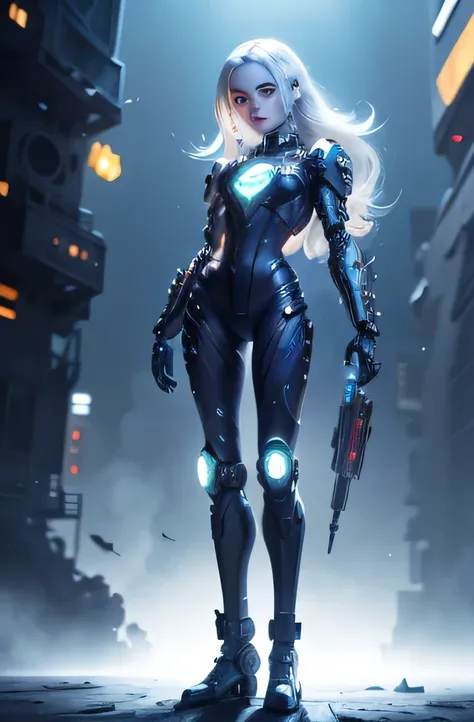 very Sexy Trixie lulamoon robot , armor White ,  Cyborgige,  cyborg eye, Mecahnical  Wings,  Heart atomic,  Futuristic cyberpunk girl with long silver hair and violet eyes, wearing a tactical bodysuit with integrated tech modules and neural implants, stand...